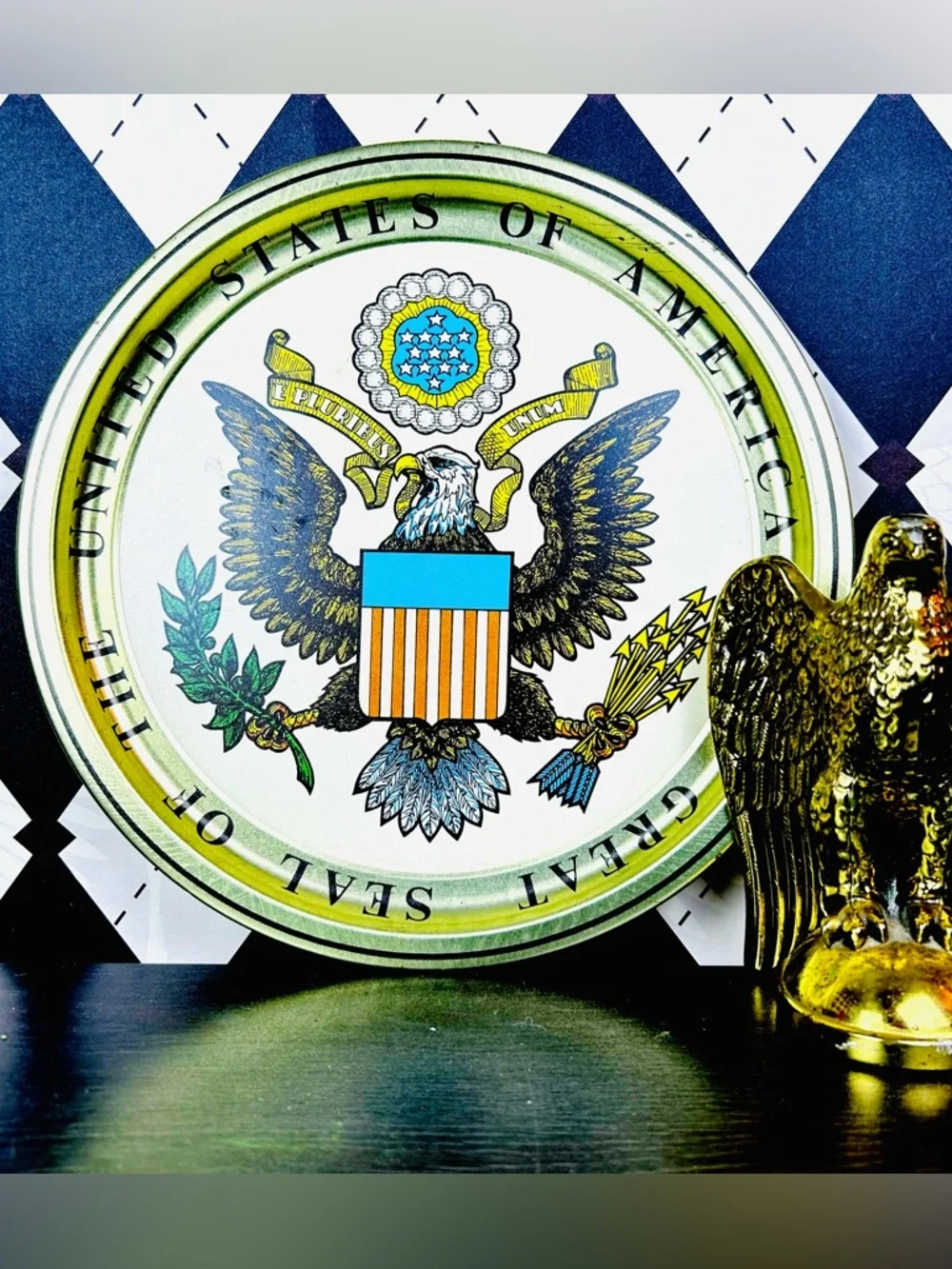 Vintage Metal Tray Great USA Seal Eagle Wall Decor Patriotic‎ Platter Mancave